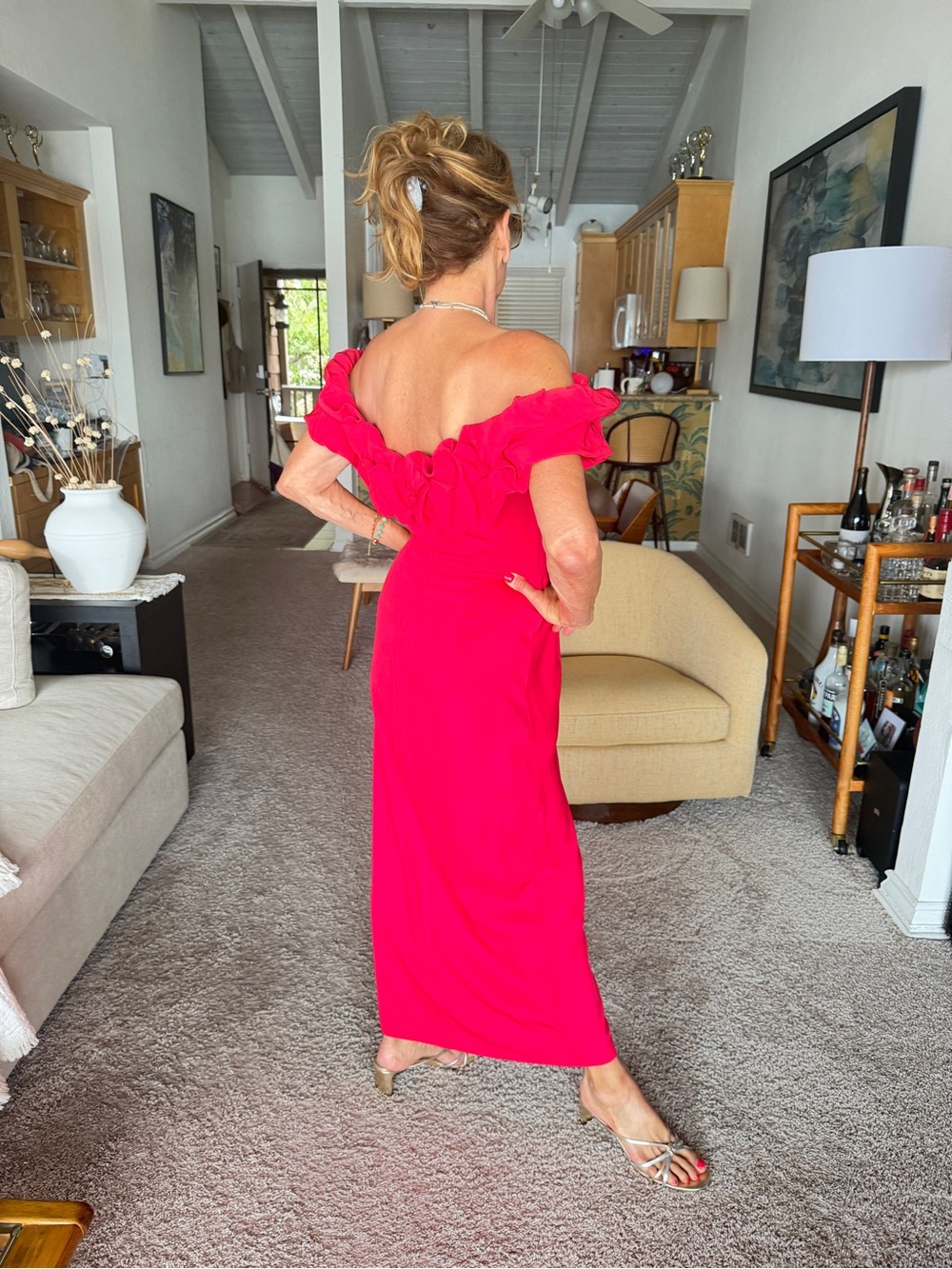 Phase Eight Off-Shoulder Ruffle Dress in Raspberry Pink - Picture 4 of 5